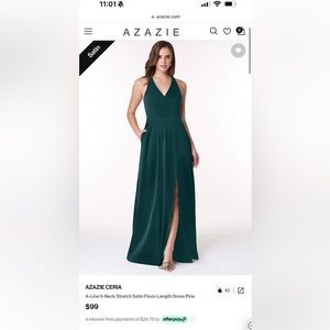 AZAZIE CERIA: A-Line V-Neck Stretch Satin Floor-Length Dress Pine